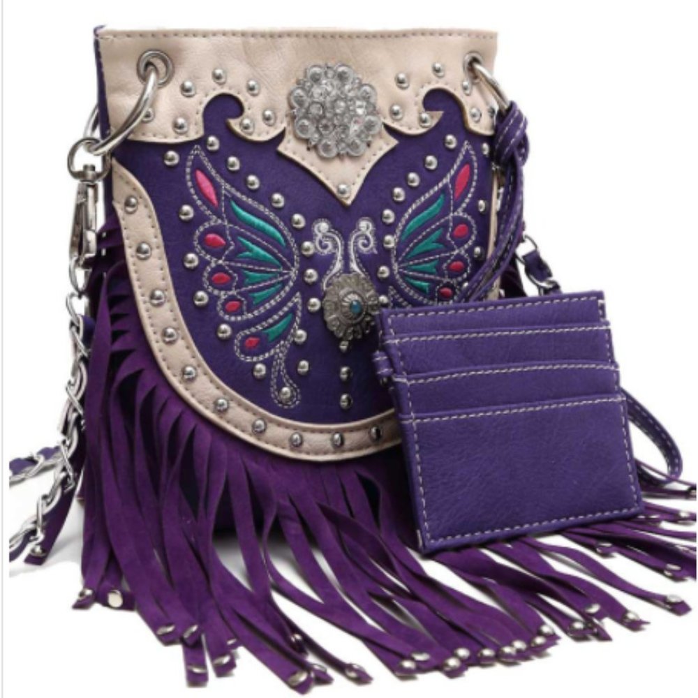 Cowgirl trendy purple butterfly fringe purse!